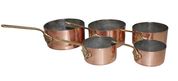 Set of 5 French copper sauce pans with bronze handles