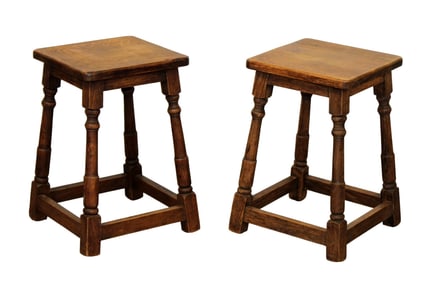 Pair of French oak stools on turned legs