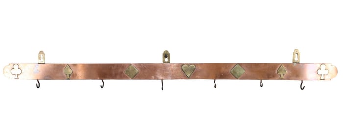 French copper hanging pot rack with card symbols