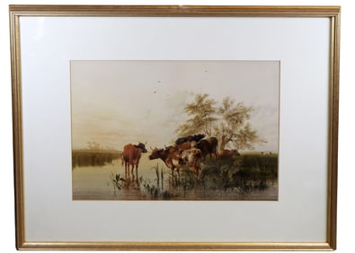 English watercolor on paper pastoral painting with cows