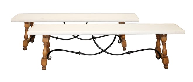 Pair of French oak and iron trestle base backless benches