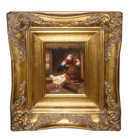 French oil on board painting barnyard scene with roosters