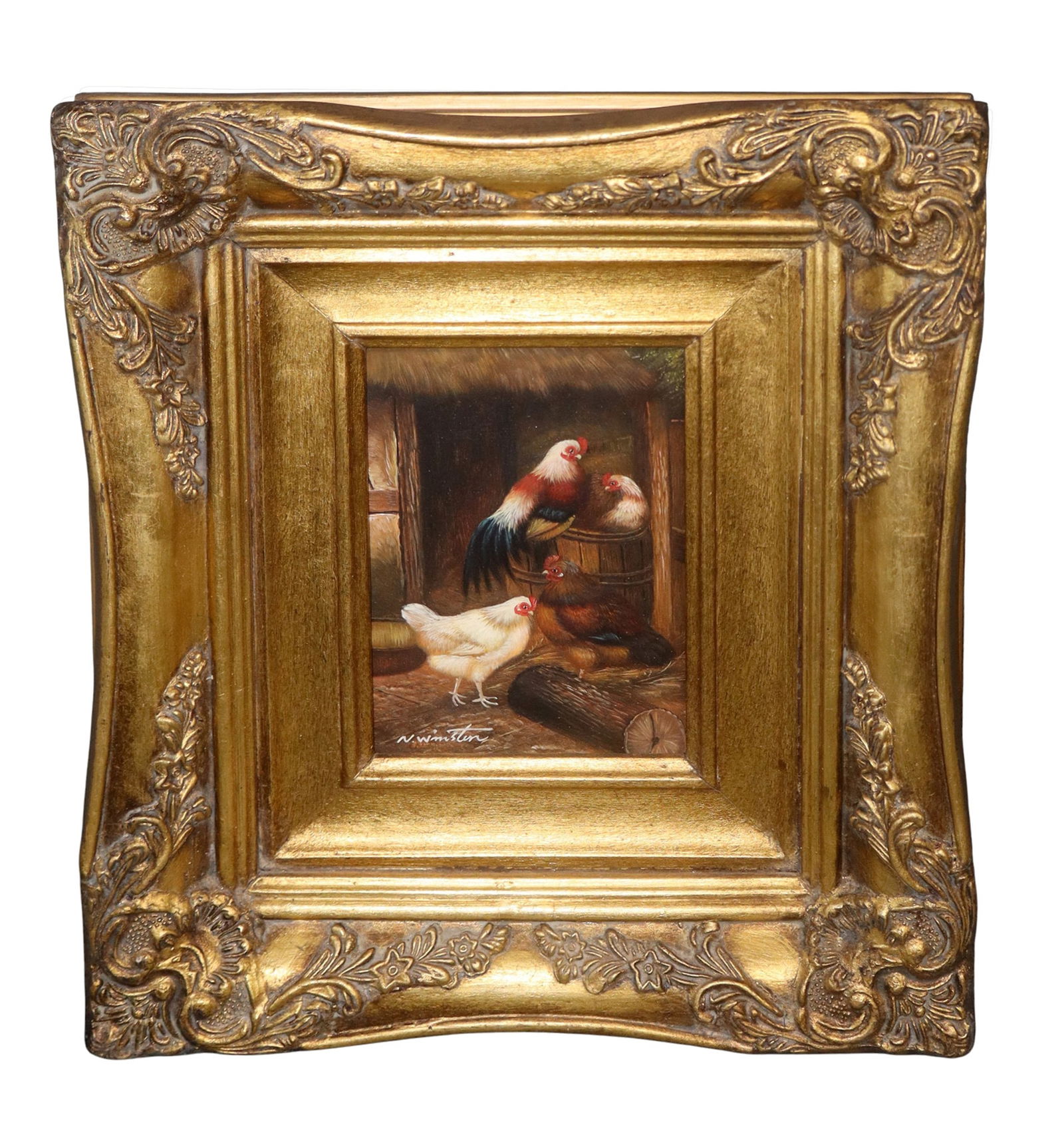 French oil on board painting barnyard scene with roosters (1 of 7)