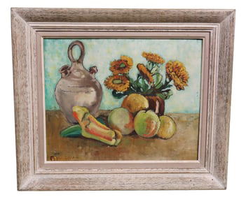 French oil on board painting still life with sunflowers and fruit