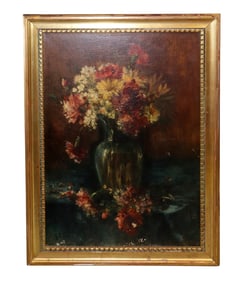 French oil on canvas painting still life flowers in vase