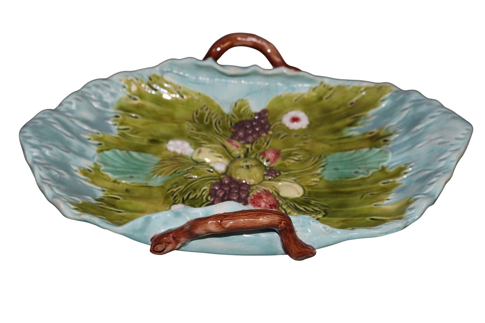 French Barbotine platter with raised fruit: French Barbotine platter with raised fruit and handles. 14"h x 9 1/2"w Weight: 1lb