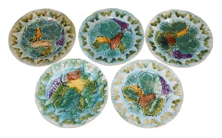 Set of 5 French majolica salad plates with grape leaves