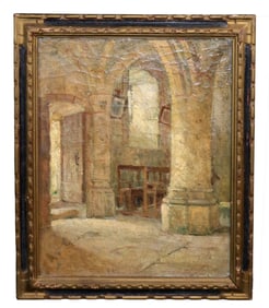 French oil on canvas painting interior scene