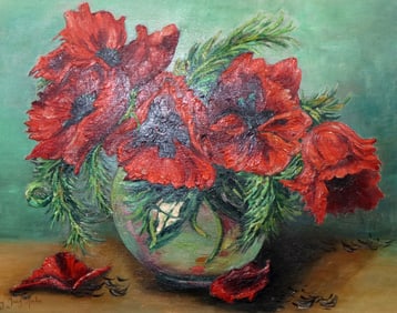 French oil on board painting still life with poppies signed Lucy Jung Roche