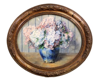 French oval watercolor painting still life with flowers