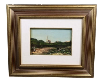 French oil on canvas painting of landscape with church