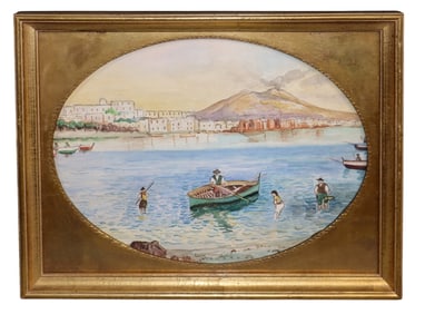 Italian watercolor painting on paper depicting Napoli by E. Corasteshi