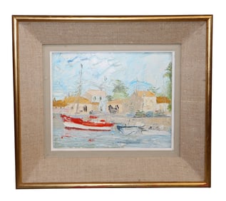 French oil on board waterfront scene painting