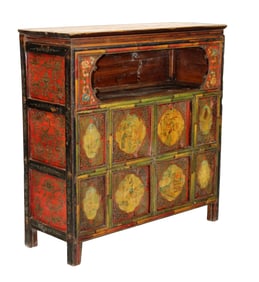 Tibetan 4 door cabinet with double bamboo carved border and painted panels