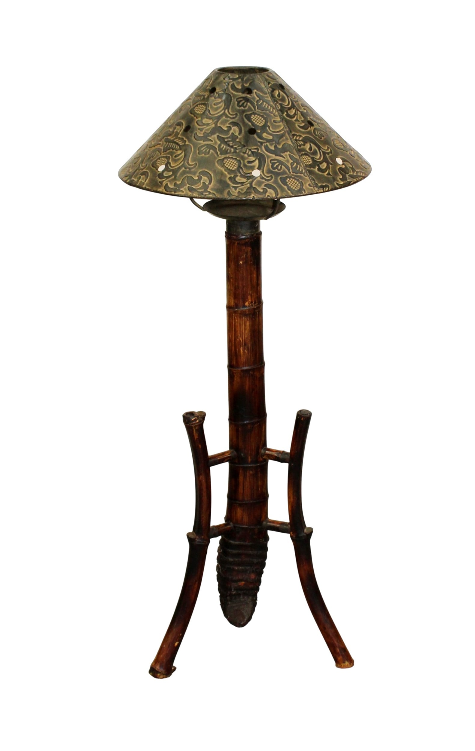 Vintage bamboo candle holder with metal shade: Vintage bamboo candle holder with metal shade. 40 1/2"h x 13 1/4"w x 13 1/4"d. Weight: 5 1/2lbs