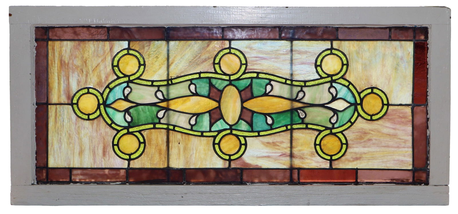 American stained and leaded glass framed transom: American stained and leaded glass framed transom window. Overall framed size 20 1/2"h x 44 1/2"w. Weight 24 1/2lbs