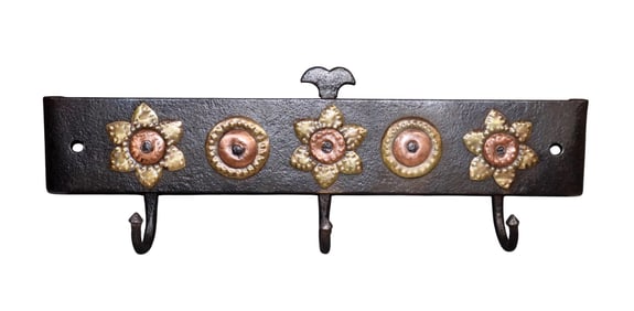 French Iron wall hook with copper flowers