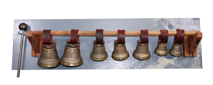 Set of Swiss bronze sleigh bells mounted on board