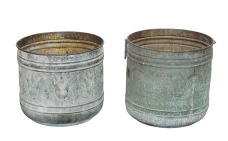 Pair of large embossed copper cache pots
