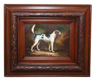 Oil on canvas painting depicting hunting dog