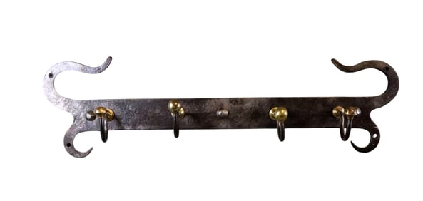 French iron wall pot rack with brass detail