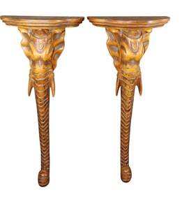 Pair of carved wooden elephant form wall shelves