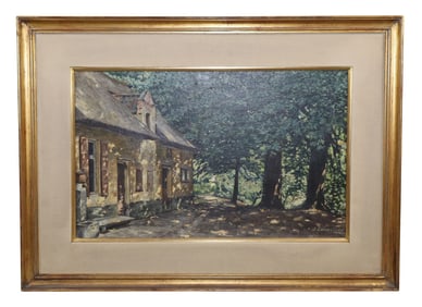 Oil on canvas painting cottage scene with trees signed Cornelissen