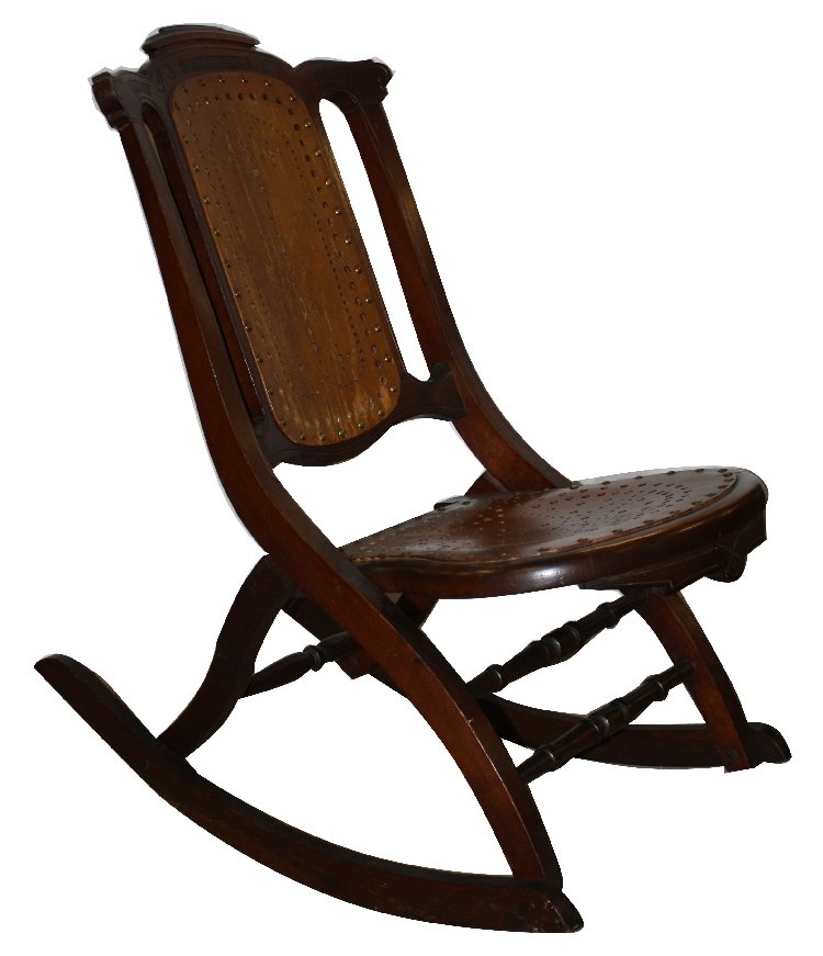 Carved folding rocking chair with brass studs: 18 3/4"l x 32 1/2"h x 29 1/4"d