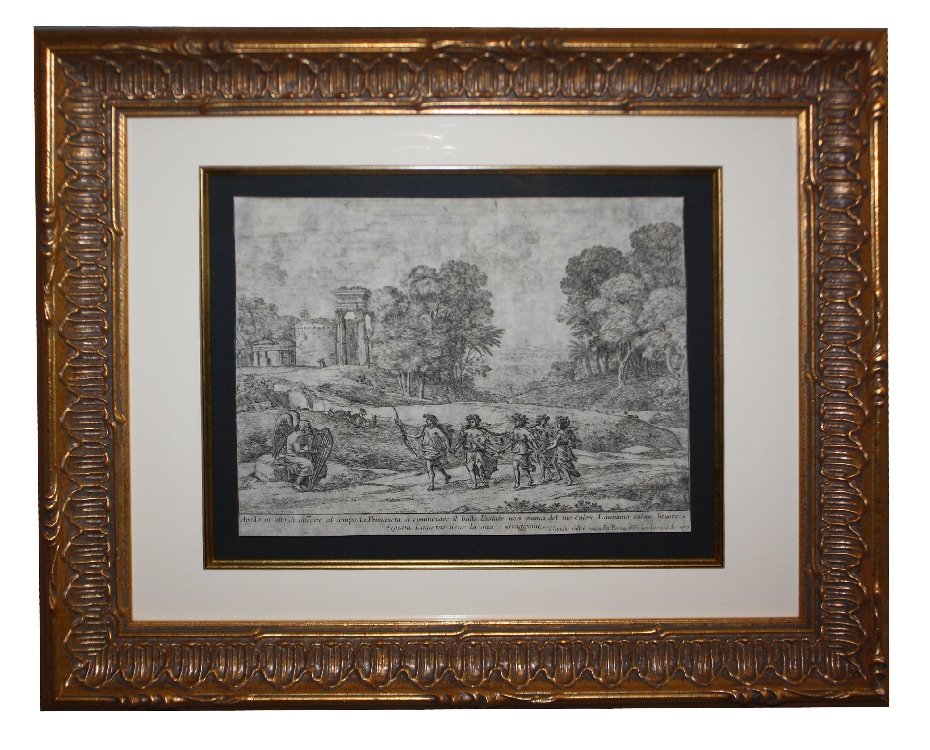 Framed engraving signed Claude Geller c.1662: Also known as Claude Lorraine 7 5/8"h x 10"l