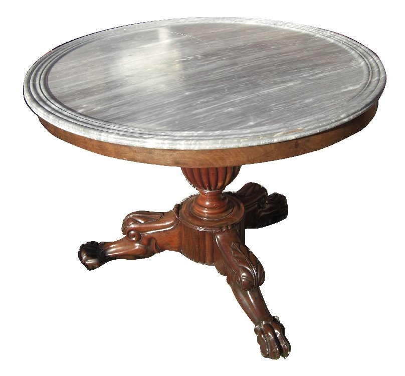 French Napoleon III marble top gueridon table: Circa 1890. With ribbed urn pedestal and tri-ped base with paw feet. 29 1/4"h x 38 1/4"diam