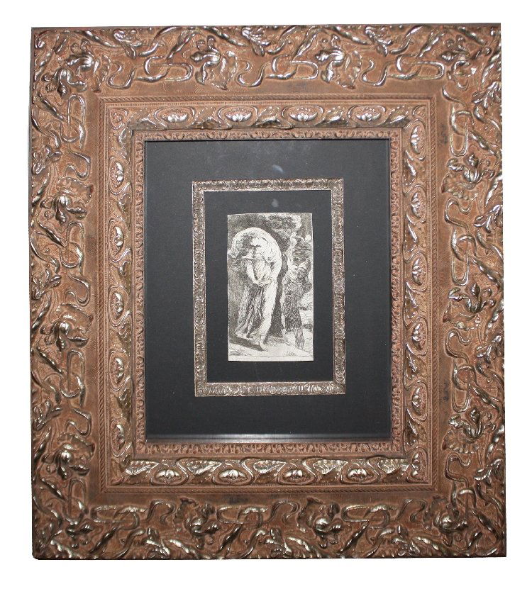 Signed engraving by Alexander Runciman: "Fingal Encounters Carbon Carglass" frame 20 1/4"h x 18 1/4"l paper 5 3/8"h x 3 1/8"l