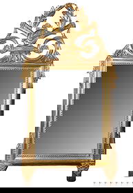 French Louis XVI style giltwood mirror with laurel wreath: French Louis XVI style giltwood mirror with carved laurel wreath and lute crest. Early 20th century. 27"h x 15"w. Weight: 6lbs