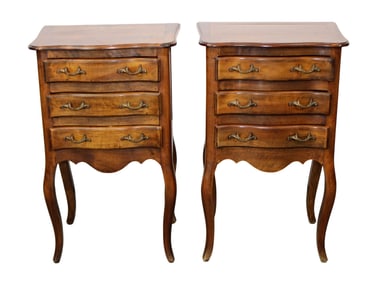 Pair of French 3 drawer nightstands in walnut