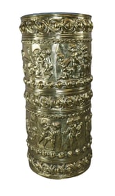 French embossed brass cylindrical umbrella stand with cherubs