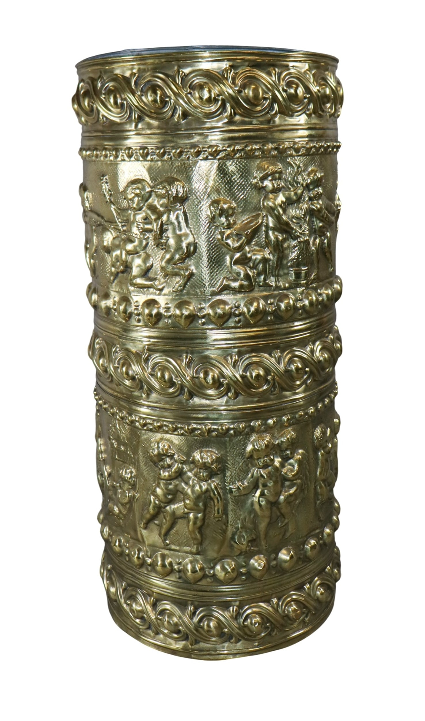French embossed brass cylindrical umbrella stand with cherubs (1 of 9)