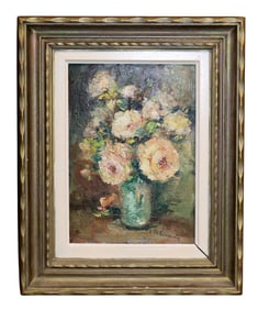 French oil on artist board painting still life with roses in vase