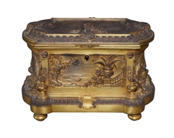 French bronze dresser box with garden scenes in relief