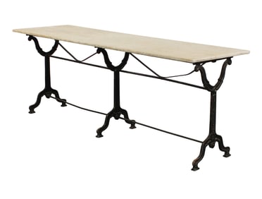 French cast iron triple pedestal base cafe table with marble top