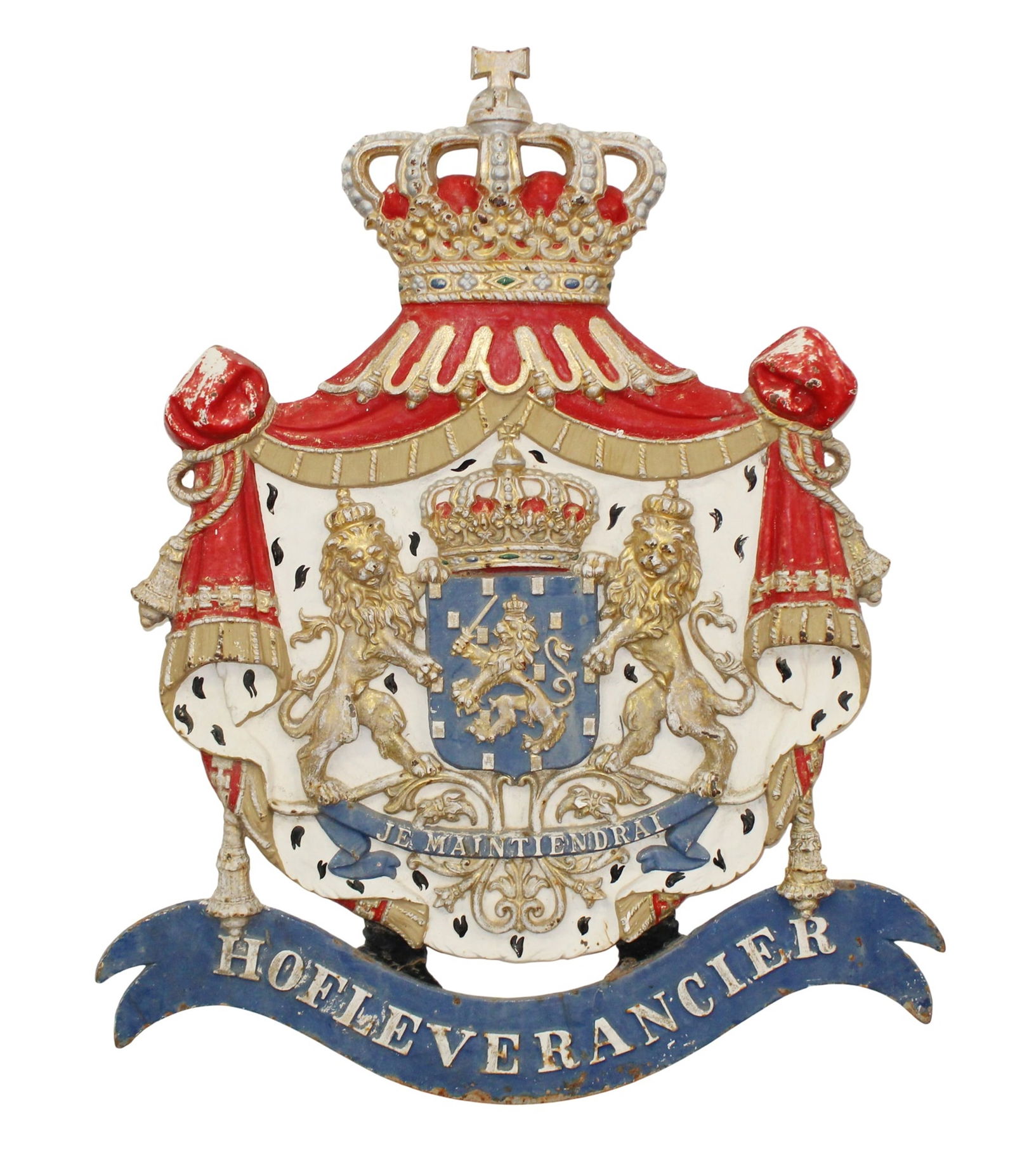 Cast iron Royal coat of arms of the Netherlands: Cast iron Royal coat of arms of the Netherlands. Early 20th century. 39"h x 31 1/2"w Weight: 90lbs