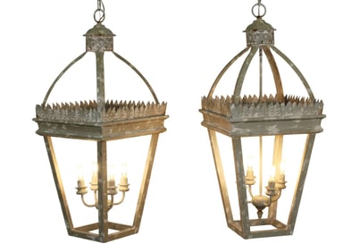 Pair of painted wood open frame lanterns with metal leaves