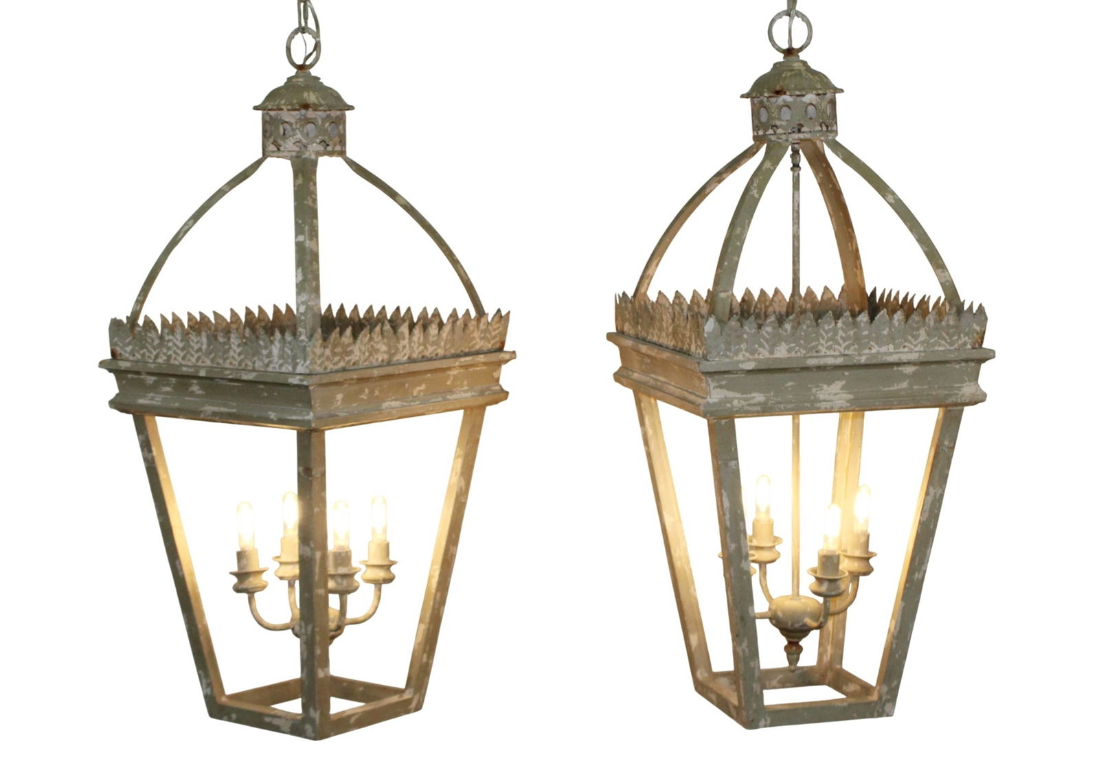 Pair of painted wood open frame lanterns with metal leaves: Pair of painted wood open frame lanterns with metal leaves. Modern. 40"h x 17"w x 17"d