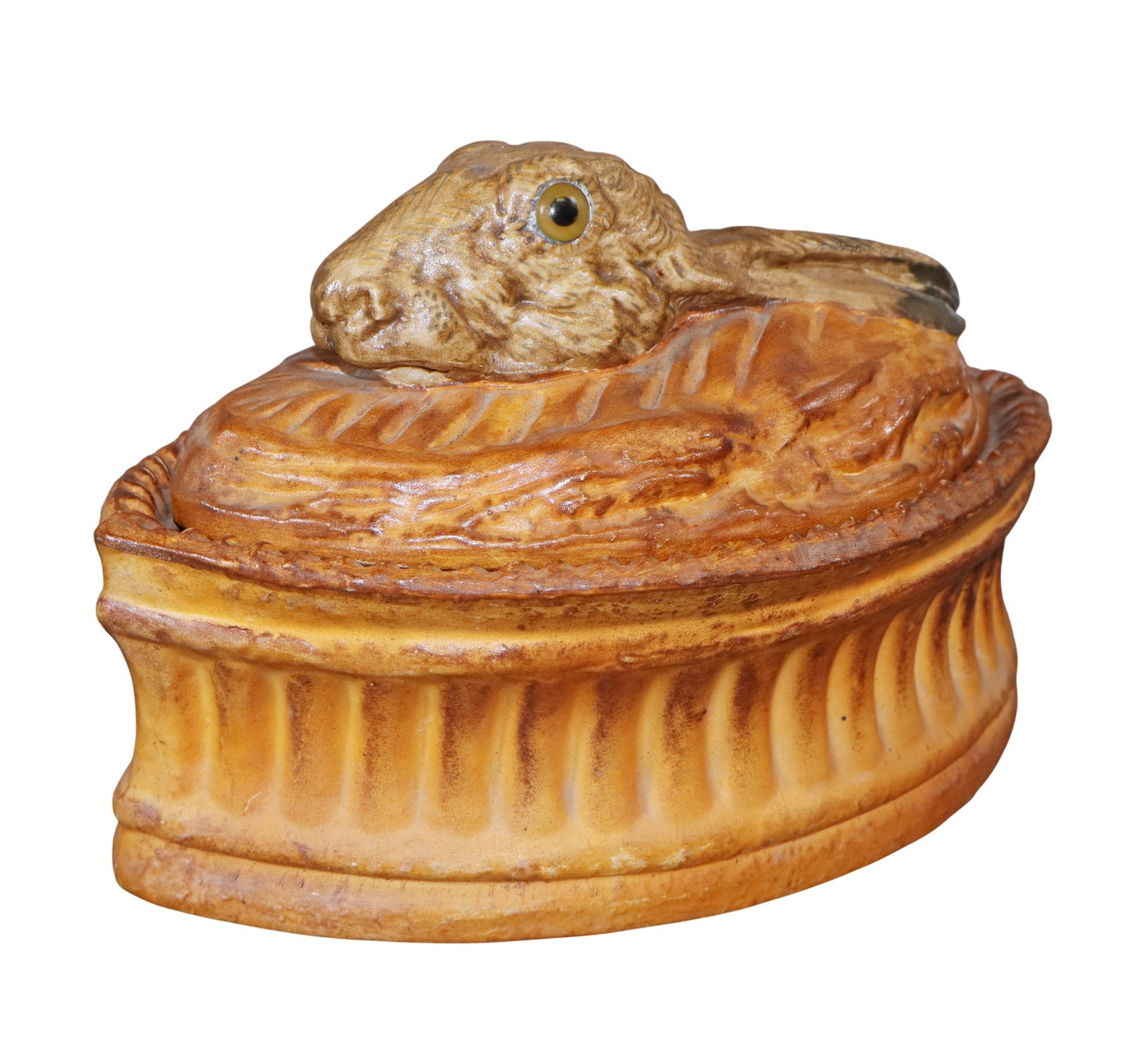 French trompe l'oeil rabbit pate tureen: French Pillivuyt & Cie porcelain trompe l'oeil rabbit pate tureen made by Pilivite & Cie. Mid 20th century. 7"h x 10"w x 6 1/4"d. Weight 3lbs