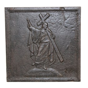 French cast iron fire back panel with Jesus and the Cross in relief