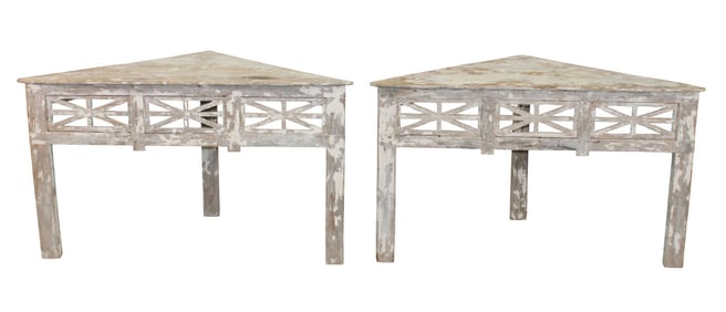 Pair of French triangle corner tables in pine with a distressed finish