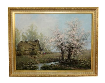 Oil on canvas painting of landscape with farmhouse & chickens. Signed l/r Dubois F Hasbrauck, NY