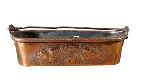 French miniature copper fish poacher with embossed crest