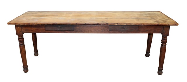 French farmhouse table on turned legs with 2 drawers