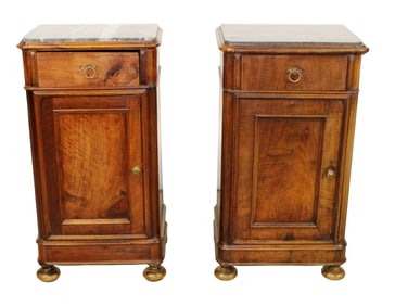 Companion pair of French Napoleon III chevets in walnut with marble tops