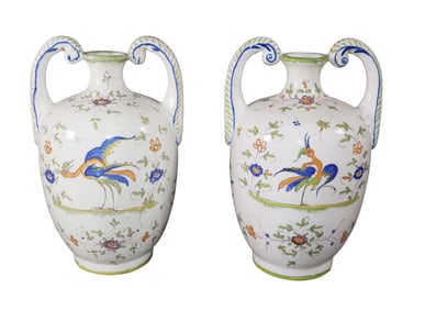 Pair of French Lallier et Moustiers faience double handled vases