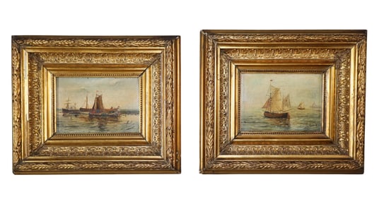 Pair of small Continental oil on board paintings of ships at sea